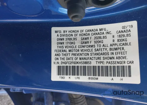2019 Honda Civic Lx from USA, damaged, VIN 2HGFC2F60KH538853